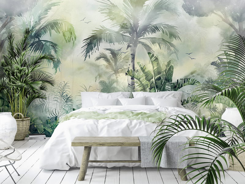 Фотообои Вечнозелёные тропики в интерьере спальни