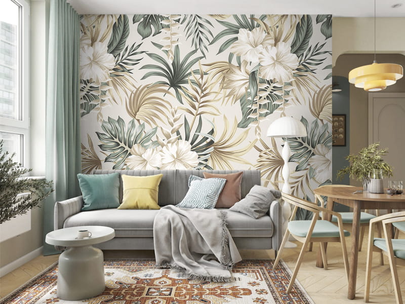 Фотошпалери Гібіскус китайський в листі в інтер'єрі вітальні