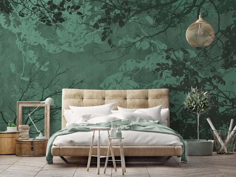 Фотообои Листья зеленые в интерьере спальни
