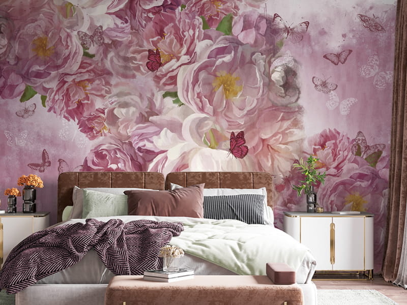 Фотошпалери Рожева півонія в інтер'єрі спальні