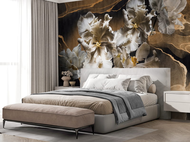 Фотообои Большие тюльпаны в интерьере спальни