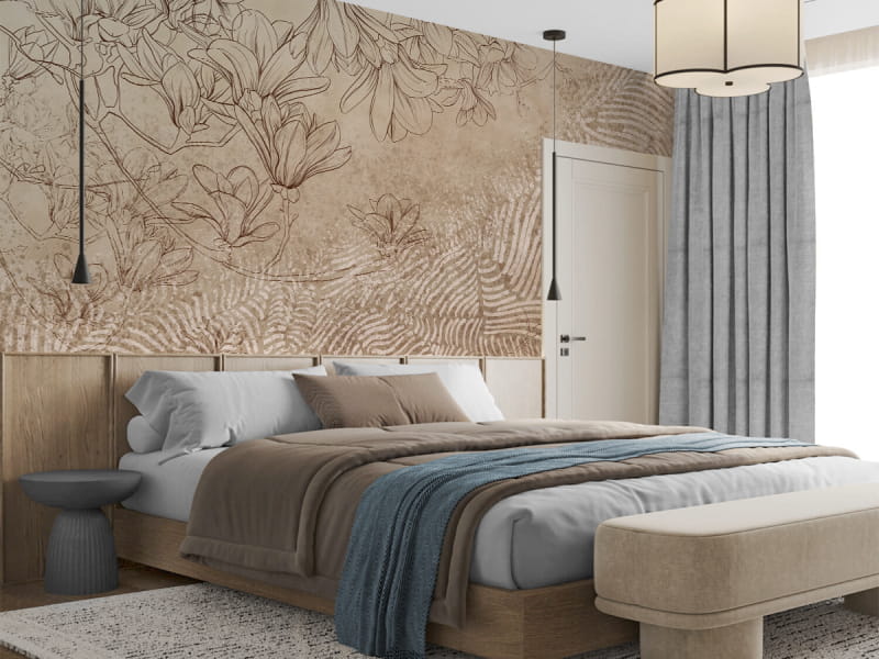 Фотообои Очаровательная магнолия в интерьере спальни