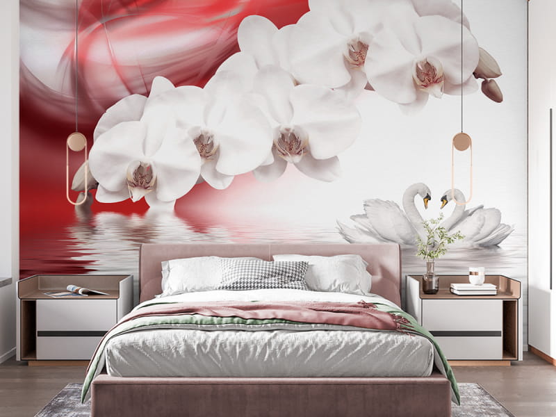 Фотошпалери Гілка орхідеї 3Д в інтер'єрі спальні