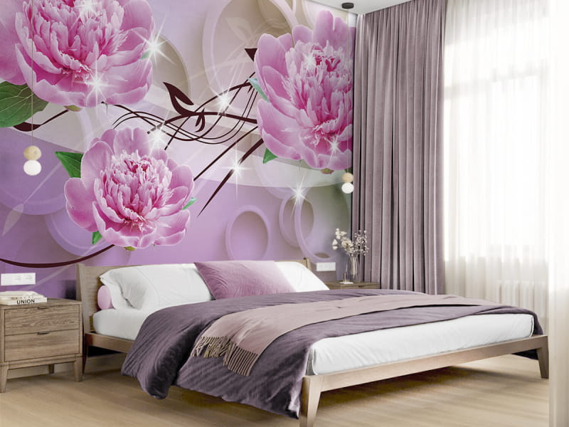 Фотошпалери Ніжні півонії 3Д в інтер'єрі спальні