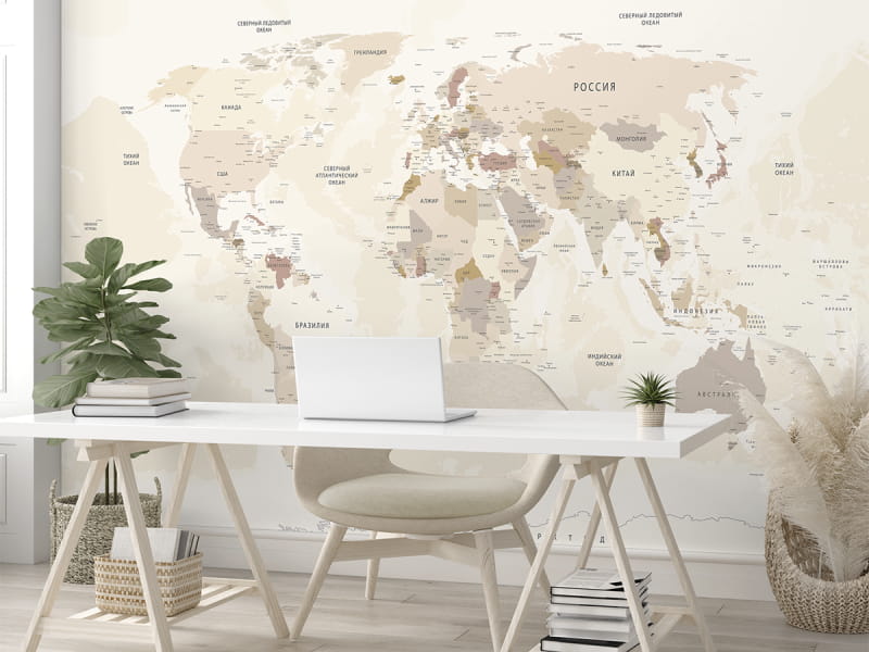 Фотообои Светлая карта мира, РУС в интерьере офиса