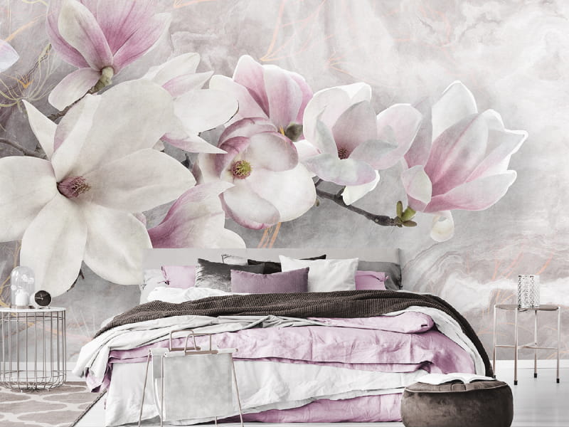Фотообои Розовая магнолия 3Д в интерьере спальни