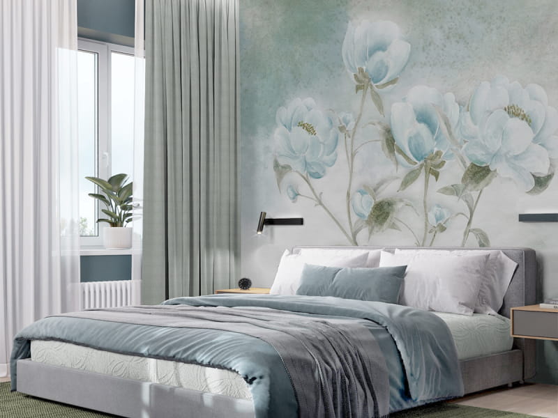 Фотошпалери Півонії світлі в інтер'єрі спальні