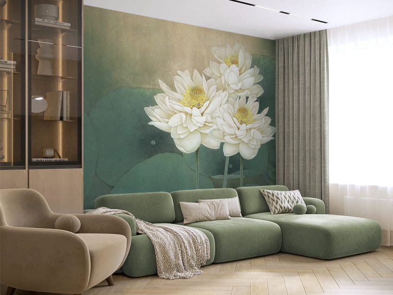 Фотообои Китайский лотос в интерьере гостиной