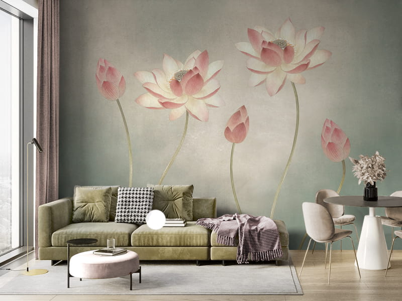 Фотообои Дикий лотос в интерьере гостиной