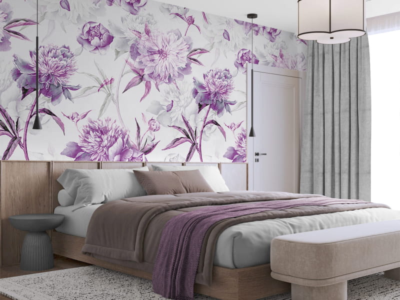 Фотообои Фиолетовые пионы в интерьере спальни