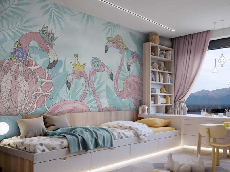 Фотошпалери Красиві фламінго в інтер'єрі дитячої