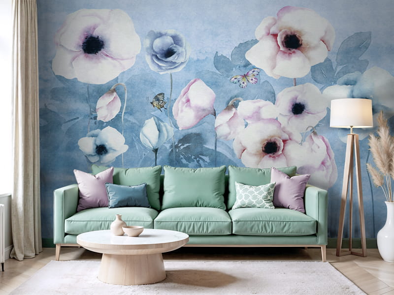 Фотообои Восточный мак в интерьере гостиной
