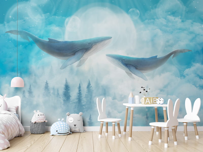 Фотошпалери Блакитні кити в інтер'єрі дитячої