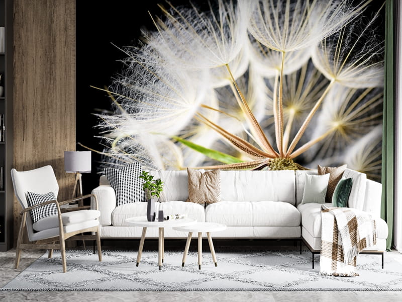 Фотообои Пышый одуванчик макро в интерьере гостиной