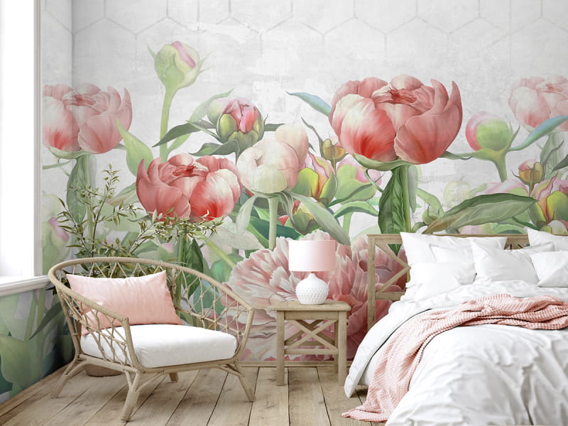 Фотообои Цветущие пионы в интерьере спальни
