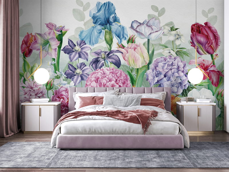 Фотошпалери Садові квіти в інтер'єрі спальні