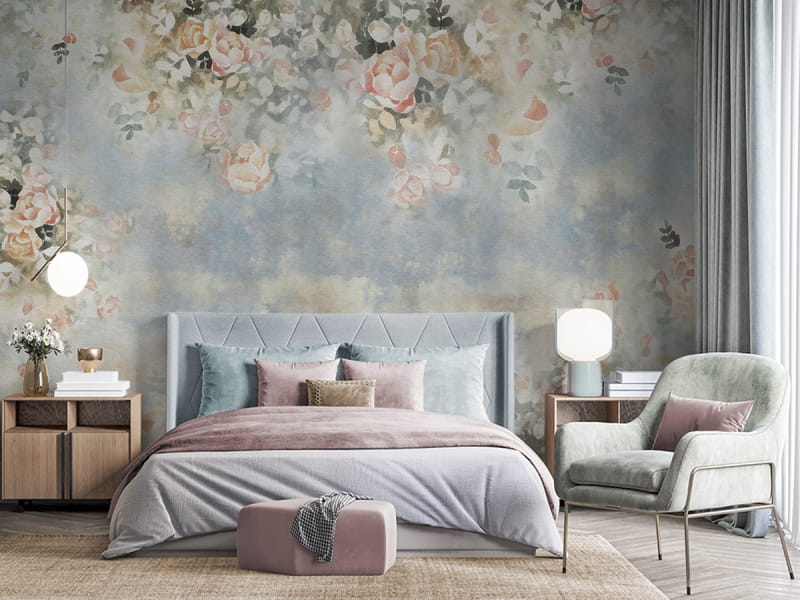 Фотообои Светлые кремовые розы в интерьере спальни