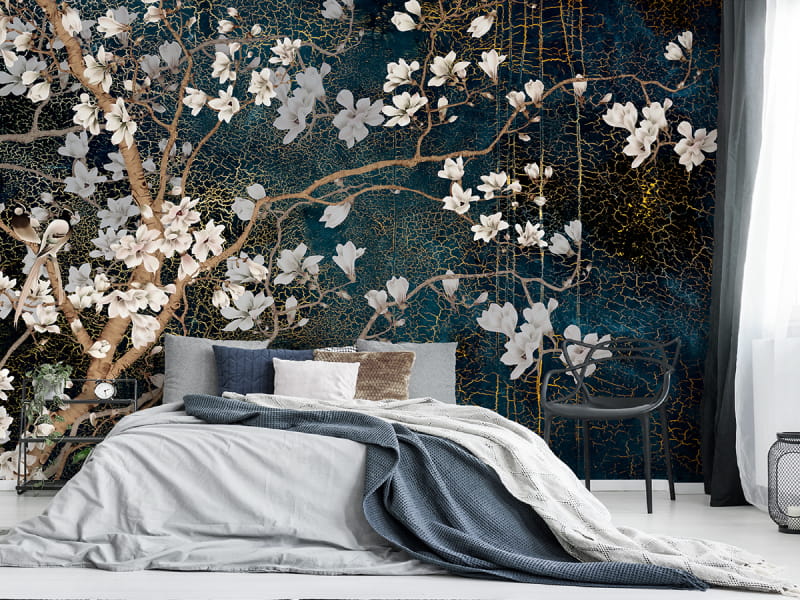Фотошпалери Магнолія в цвету в інтер'єрі спальні