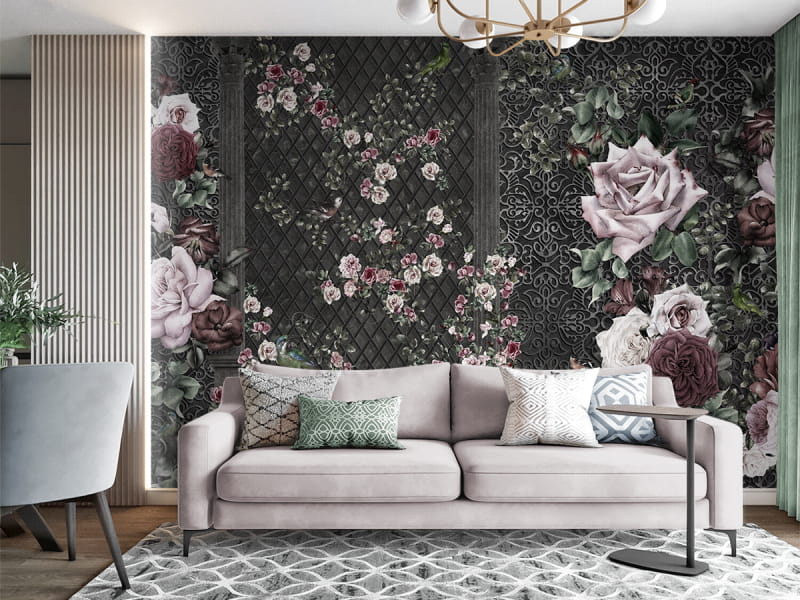 Фотообои Сад цветущих роз в интерьере гостиной