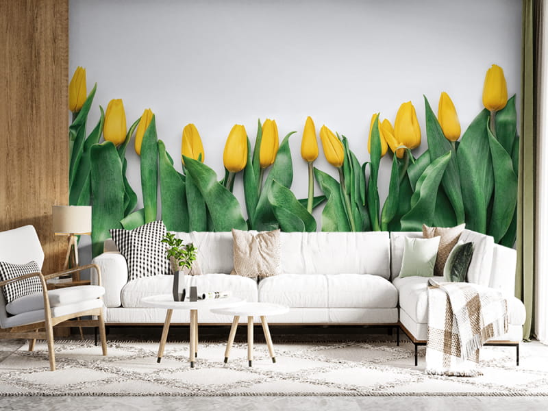 Фотообои Нежные желтые тюльпаны в интерьере гостиной