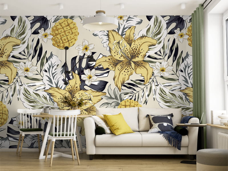 Фотообои Флора тропиков в интерьере гостиной