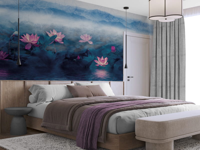 Фотообои Дикие лотосы в интерьере спальни