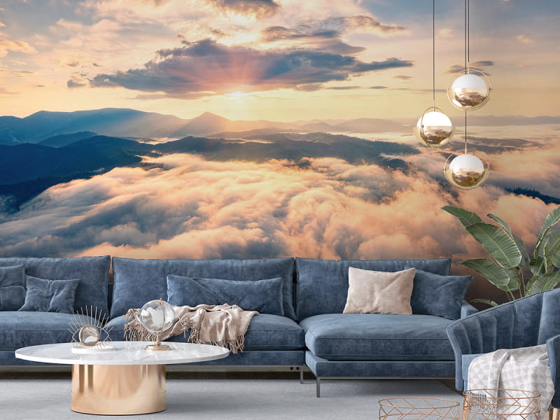 Фотообои Рассвет над облаками в интерьере гостиной