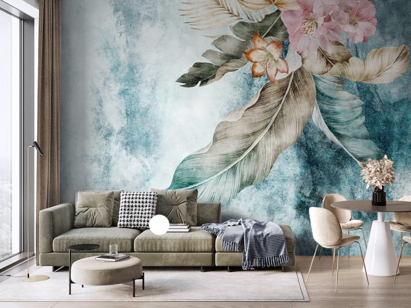 Фотошпалери Квіти аквареллю в інтер'єрі вітальні