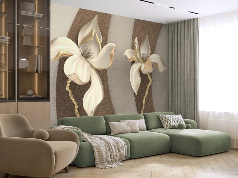 Фотошпалери Золоті 3Д квіти в інтер'єрі вітальні