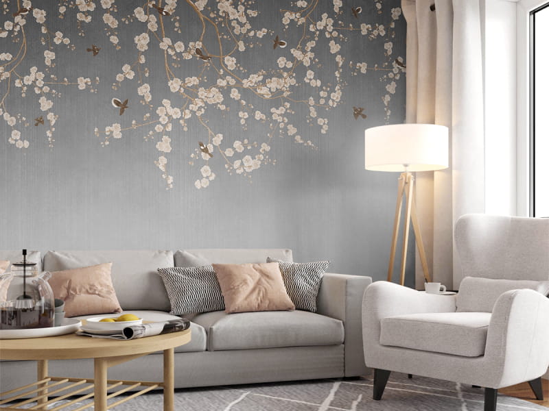 Фотообои Нежное цветение в интерьере гостиной