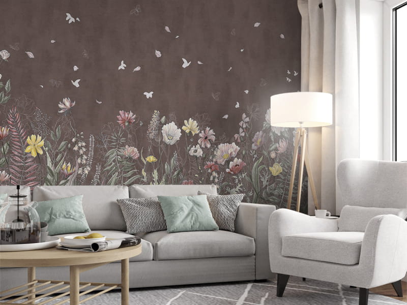 Фотообои Поле полевых цветов в интерьере гостиной