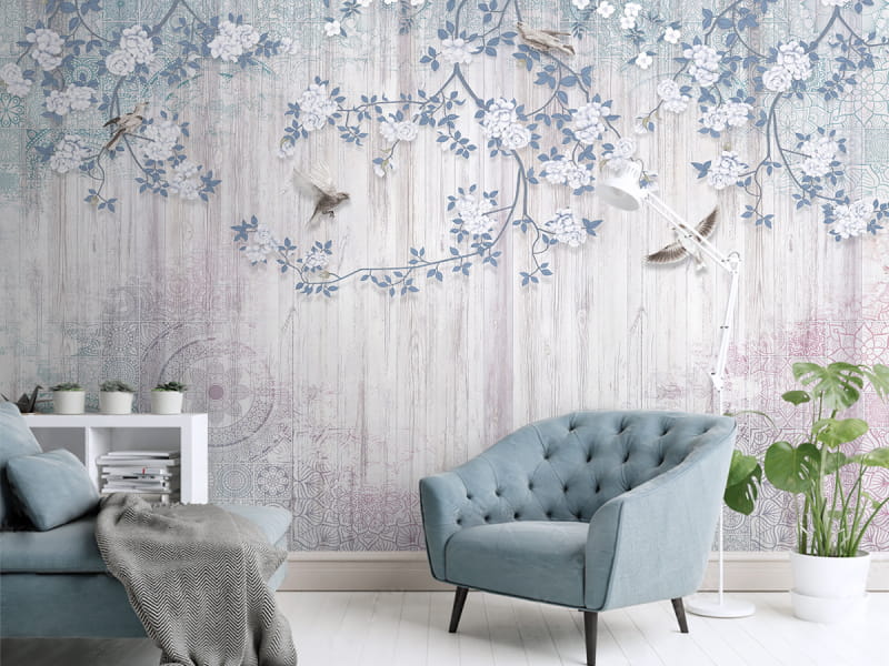 Фотообои Ветви цветущих деревьев в интерьере гостиной