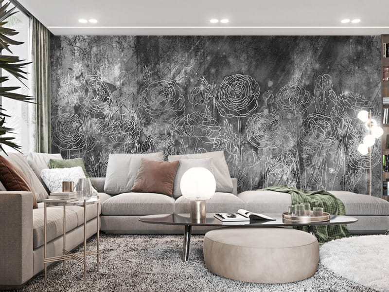 Фотообои Крупные розы, рисунок  в интерьере гостиной