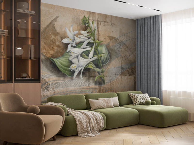 Фотообои Белая лилия в интерьере гостиной