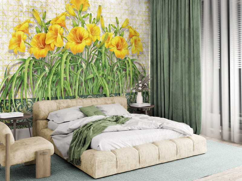 Фотошпалери Жовті лілії в інтер'єрі спальні