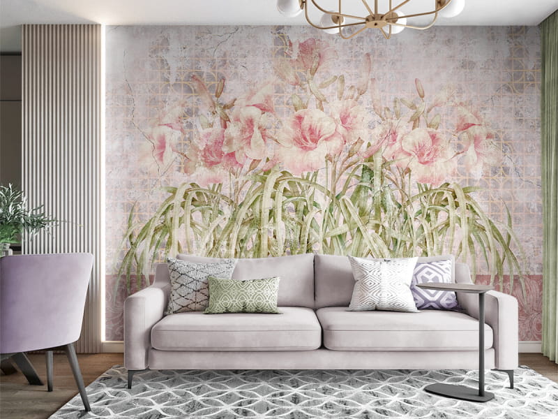 Фотообои Нежные розовые цветы в интерьере гостиной
