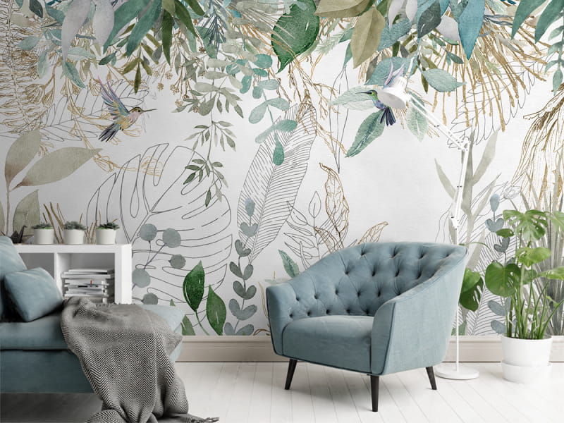 Фотообои Крупные зеленые листья в интерьере гостиной