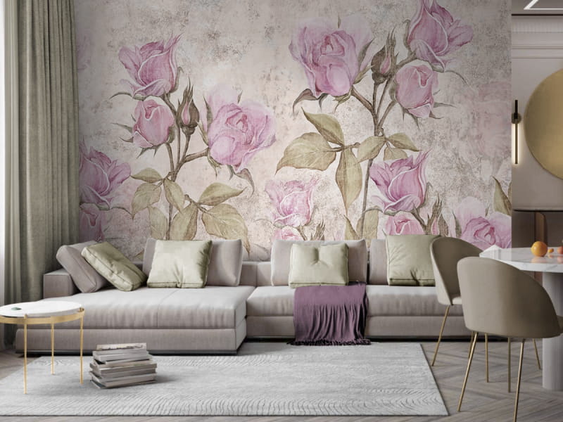Фотообои Светлые розовые розы в интерьере гостиной