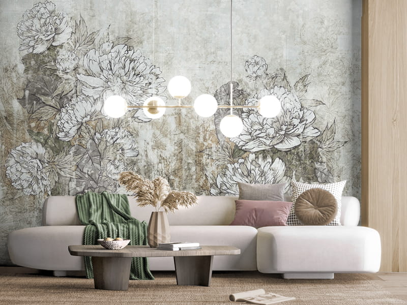 Фотошпалери Великі півонії, малюнок в інтер'єрі вітальні