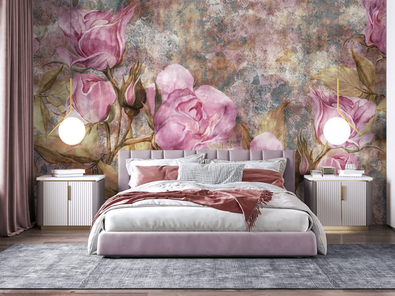 Фотошпалери Рожеві троянди, акварель в інтер'єрі спальні