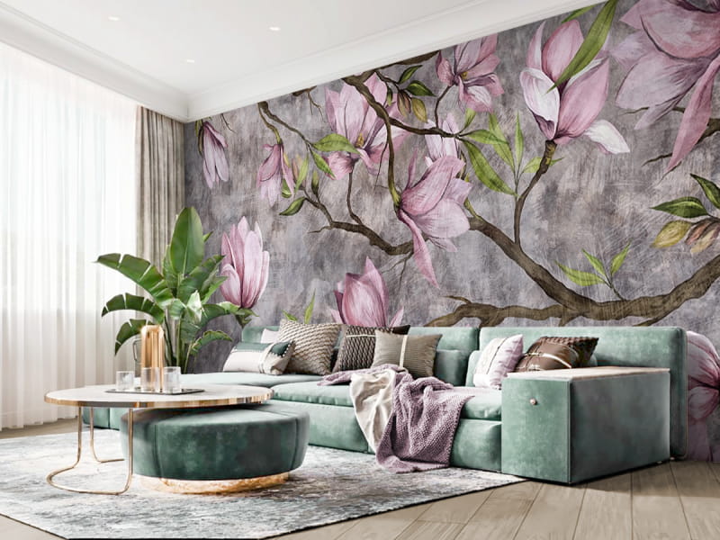 Фотообои Весенняя магнолия в интерьере гостиной