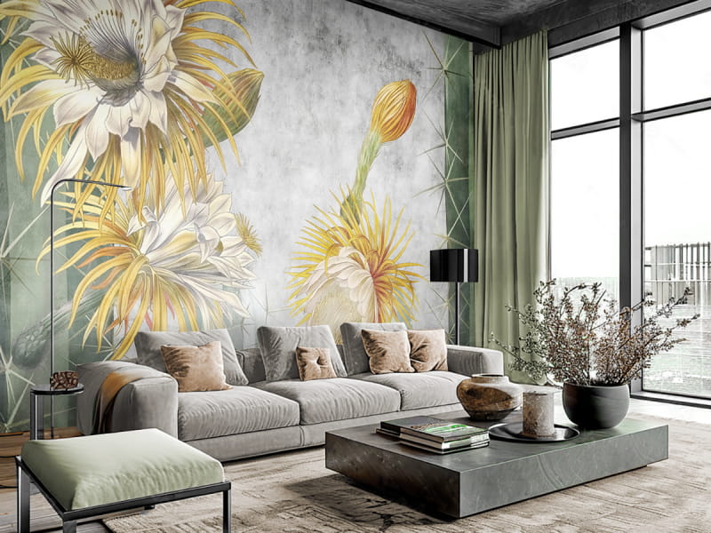 Фотообои Цветение кактуса в интерьере гостиной