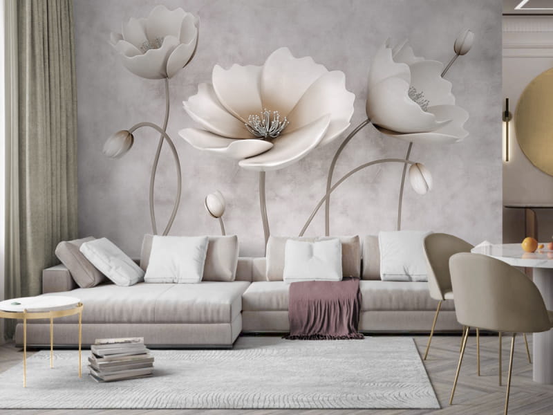 Фотошпалери Білі маки 3Д в інтер'єрі вітальні