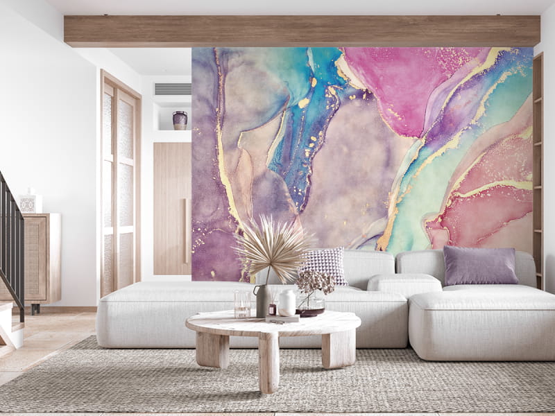 Фотообои Радужная акварель в интерьере гостиной