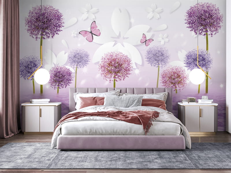 Фотообои Сиреневые цветы 3Д в интерьере спальни