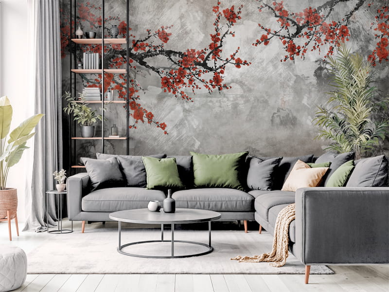 Фотообои Красная сакура в интерьере гостиной
