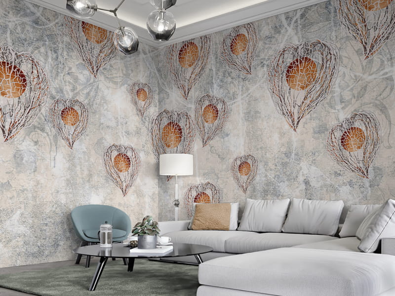 Фотошпалери Фізаліс, акварель в інтер'єрі вітальні