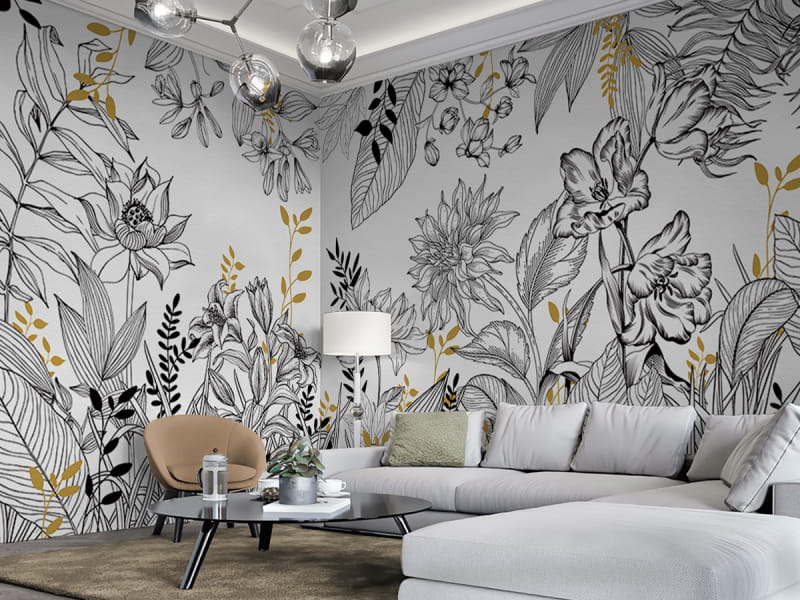 Фотошпалери Великі квіти, графіка в інтер'єрі вітальні
