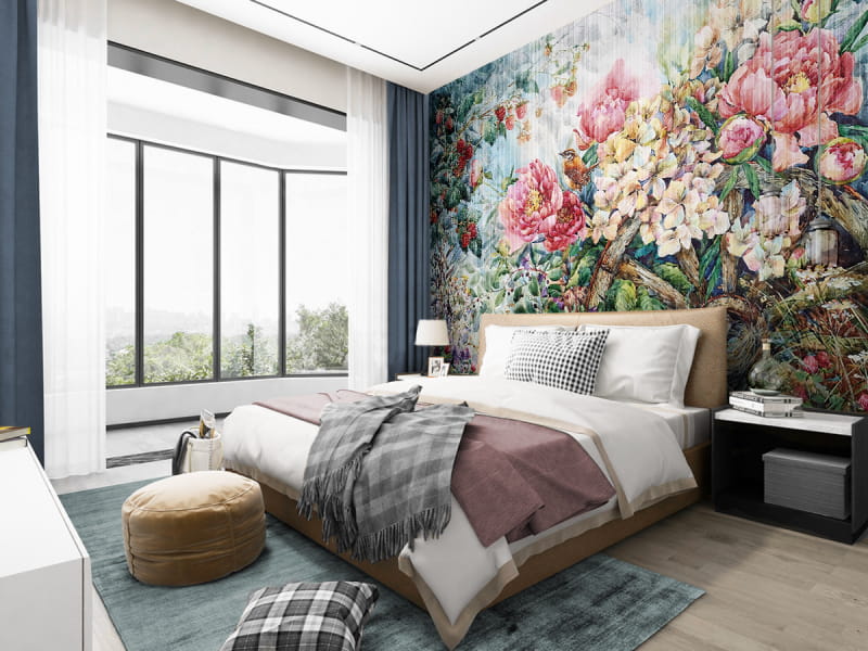 Фотошпалери Півонії, акварель в інтер'єрі спальні