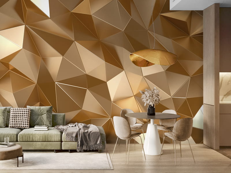 Фотошпалери Золота геометрія 3Д в інтер'єрі вітальні
